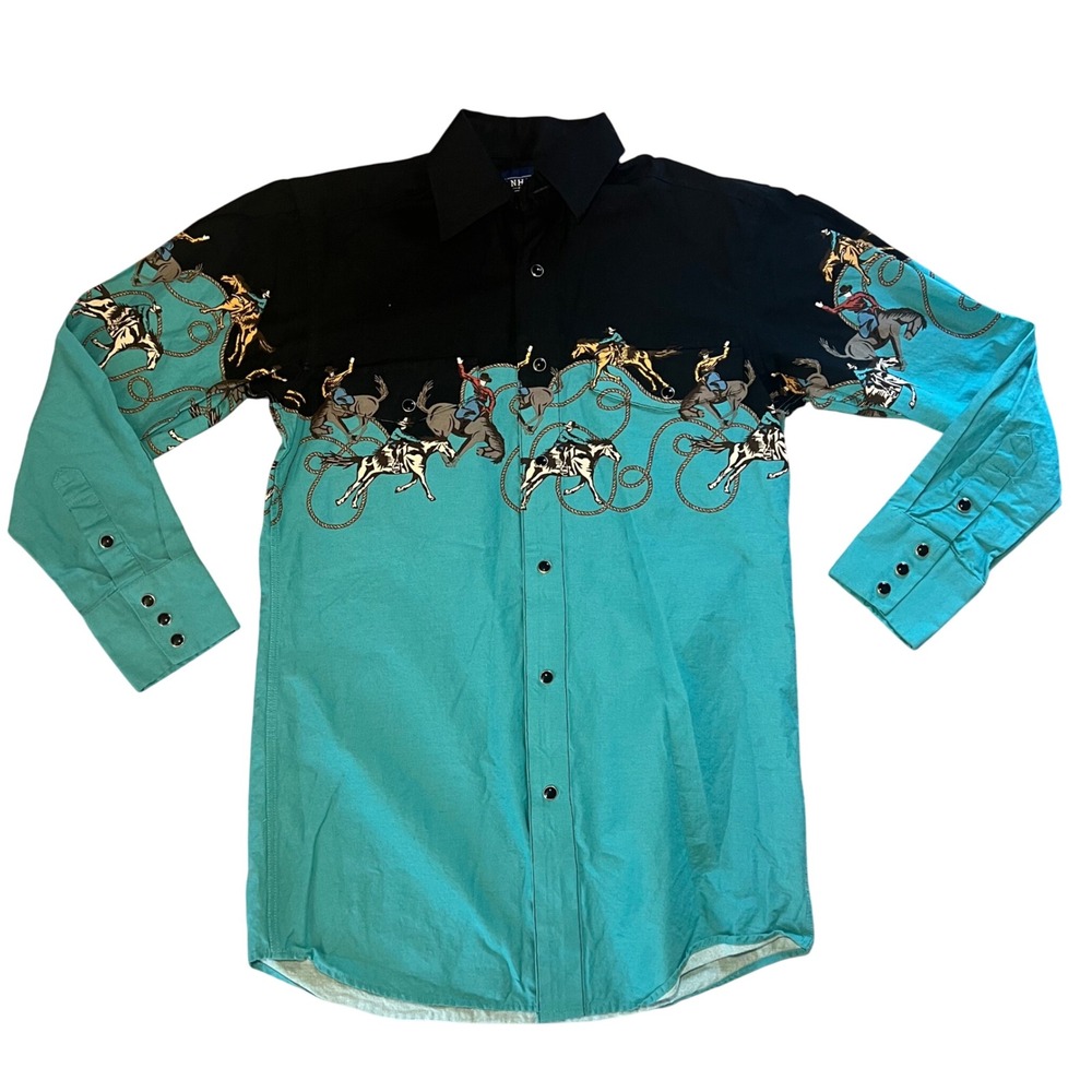 Panhandle Western Pearl Snap Rodeo Cowboy Horse Print Shirt‎ Mens XS Teal Lasso